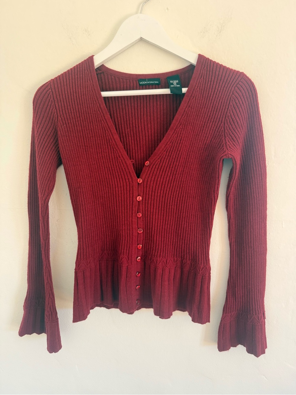 Vintage Red Ribbed Button-Up Peplum Cardigan